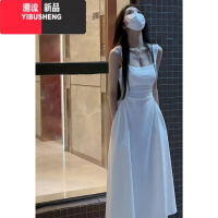 YIBUSHENG白色吊带连衣裙女装2024季新款裙子无袖法式小个子显瘦收腰长裙