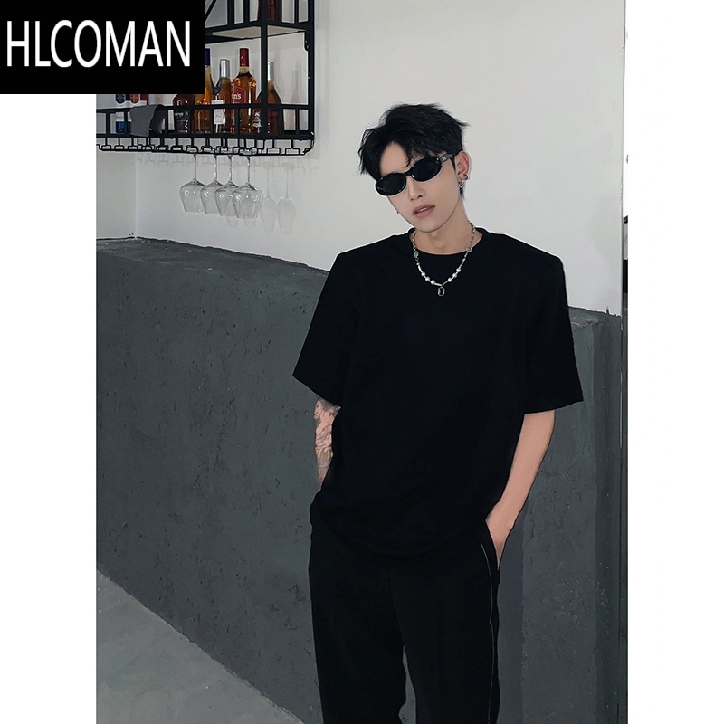 HLCOMAN纯黑色垫肩短袖T恤男夏季韩系风格穿搭半袖潮牌痞帅圆领体恤