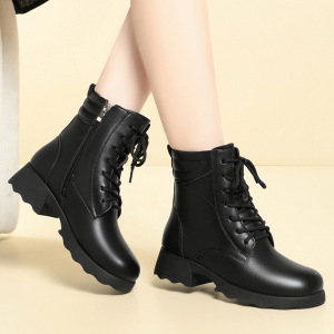 女短靴加绒妈妈鞋冬季加厚系带软皮棉靴松糕坡跟厚底女靴马丁靴女