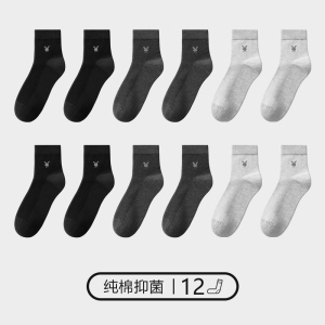 花花公子袜子男士冬季纯棉抗菌透气吸汗男生全棉黑色中筒长筒袜新