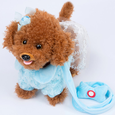 儿童电动毛绒玩具狗狗会唱歌会叫电子机器狗仿真泰迪牵绳走路小狗12345岁灰色花边180首充电版+动嘴+内存下载+豪礼