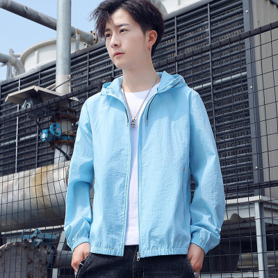 班俏BANQIAO2021年夏季新款男士夹克韩版潮流青少年宽松防晒衣薄款男士外套连帽运动休闲外衣夹克男装9919浅蓝XL
