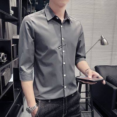 夏天七分袖衬衫男短袖韩版潮流百搭中袖衬衣夏季薄款五分袖上衣服美铂娜