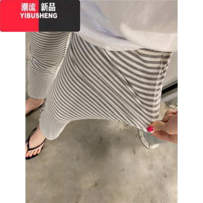 YIBUSHENG十三行女装韩国东大门春季韩版高腰开叉微喇叭条纹休闲裤阔腿裤女