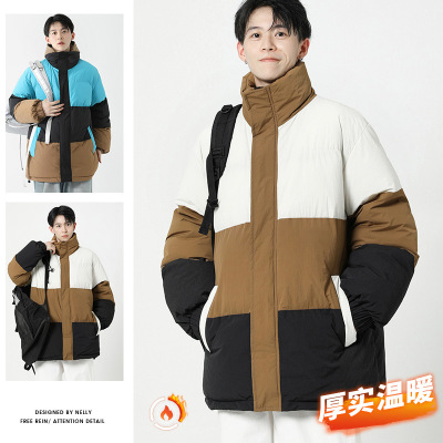 男装立领面包服棉衣男潮牌加厚保暖宽松休闲开衫百搭情侣拼色外套