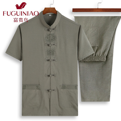 富贵鸟（FUGUINIAO）中国风男装亚麻唐装男中老年人夏季短袖套装棉麻爷爷中式爸爸夏装