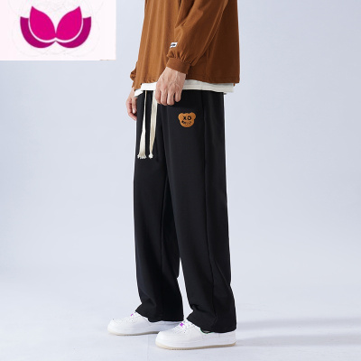 七斓直筒裤子男小熊刺绣阔腿垂感运动卫裤休闲长裤大码学生潮牌