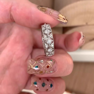 蕾丝菱格轻奢闪钻锆石戒指女开口调节小众高级感时尚百搭新品手饰送女朋友老婆情人节七夕生日礼物