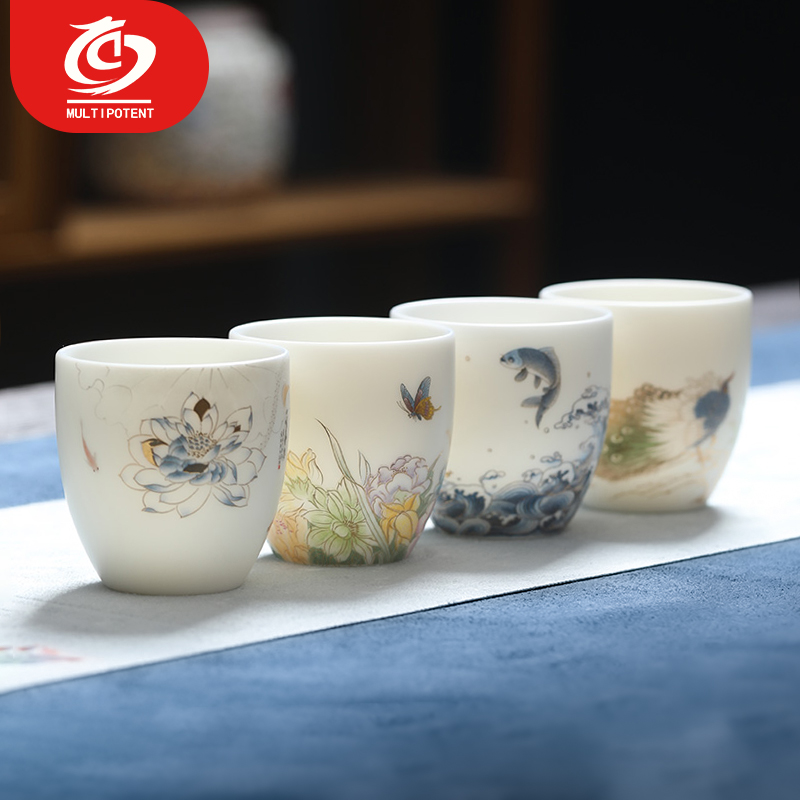MULTIPOTENT主人杯中国白羊脂玉功夫茶具纳福杯(富贵满堂) 精美伴手礼盒套装