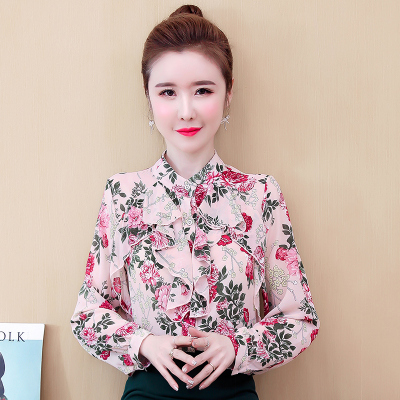 优雅显瘦百搭印花长袖衬衫春秋雪纺衫上衣