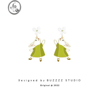 JiMi原创设计小兔子与蝴蝶耳钉插画风2023新款潮银针少女耳环耳夹耳饰