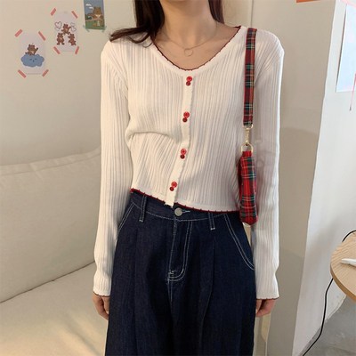 暖青汇chic外搭修身长袖针织小衫女洋气复古轻熟v领泫雅风短款上衣秋季衬衫