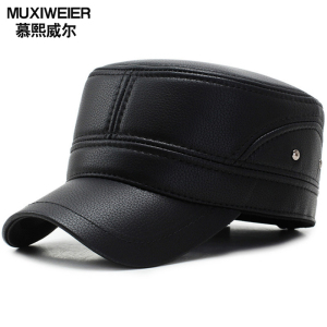 慕熙威尔平顶帽子男冬季户外保暖帽冬天防寒防冻PU皮加厚护耳帽中老年帽鸭舌帽爸爸帽 黑色