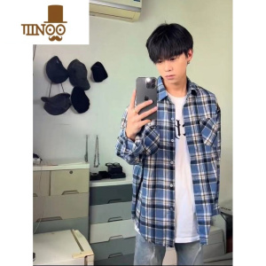 YANXU秋季蓝色格纹衬衫宽松美式潮牌宽松情侣装休闲长袖格子衬衣外套男