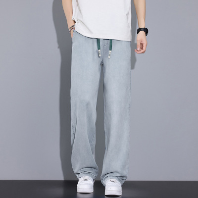 夏季男士抽绳牛仔裤浅蓝天丝凉感面料宽松阔腿垂坠感透气长裤