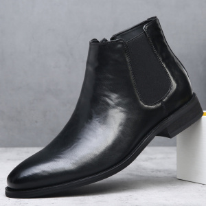 高端复古尖头切尔西靴男士一脚蹬休闲真皮英伦风皮靴中帮马丁靴潮
