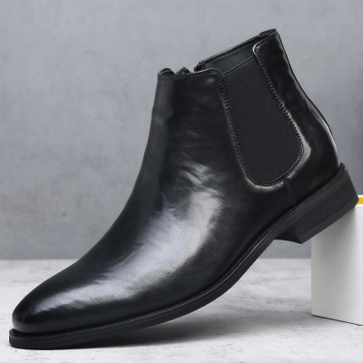 高端复古尖头切尔西靴男士一脚蹬休闲真皮英伦风皮靴中帮马丁靴潮