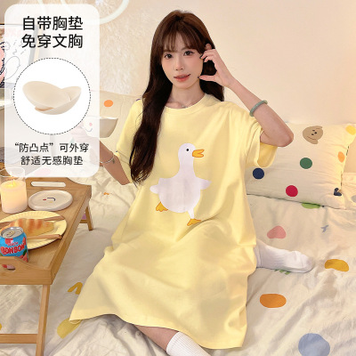 带胸垫女士短袖睡裙夏季仿棉韩版卡通中长款睡衣大码家居服可外穿_381