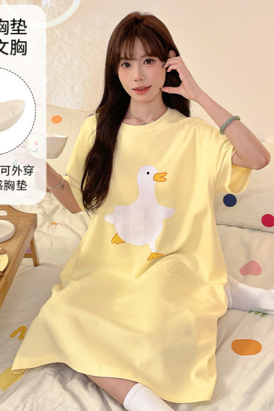 带胸垫女士短袖睡裙夏季仿棉韩版卡通中长款睡衣大码家居服可外穿_381