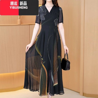 YIBUSHENG2024季新款轻奢印花连衣裙女时尚高级感休闲显瘦减龄洋气大摆裙