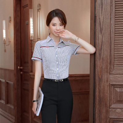 新款条纹上衣职业套装短袖工装衬衫制服百搭气质上班工作服修身薄套裙