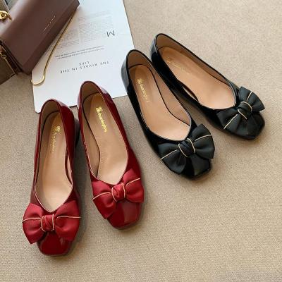 suntek方头鞋女粗跟蝴蝶结单鞋女中跟脚肥脚宽女鞋大码豆豆鞋女加宽加