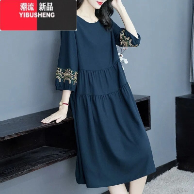 YIBUSHENG宽松气质今年流行长袖连衣裙2023春季新款胖MM大码女装遮肚显瘦女