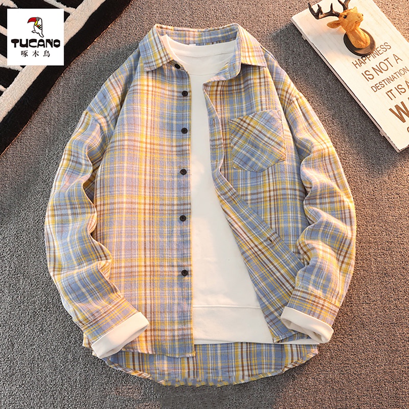 啄木鸟潮牌春季新款覆古格子衬衫男士港风日系外套青少年长袖衬衣