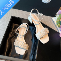 SUNTEK法式仙女风配裙子凉鞋女夏粗跟2023年新款夏季女士一字带中跟鞋子