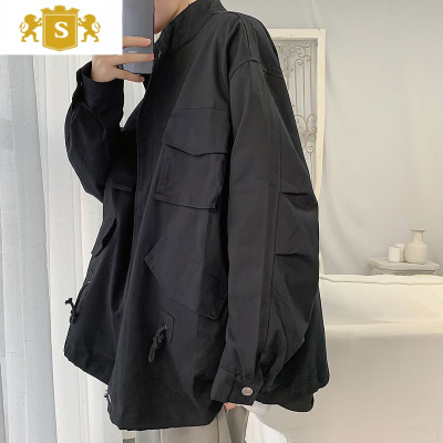 SUNTEK工装外套男春秋韩版潮流宽松大码抽绳纯色运动休闲帅气立领夹克男夹克