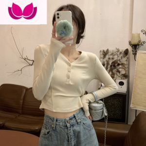 七斓辣妹t恤女夏季韩版修身v领纽扣设计感内搭长袖打底衫短款体恤上衣
