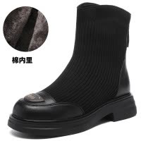 秋冬新款甜美飞织厚底短靴后拉链袜靴拼接中跟时装靴复古女靴
