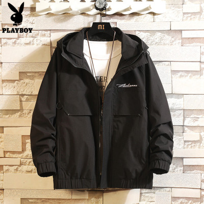 花花公子秋款男士连帽夹克衫潮流休闲帅气上衣青年常规外套男秋装