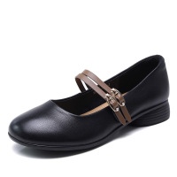 头层牛皮浅口单鞋女2025春夏新款舒适平跟玛丽珍鞋圆头皮带扣女鞋
