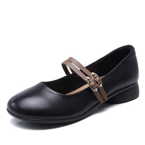 头层牛皮浅口单鞋女2025春夏新款舒适平跟玛丽珍鞋圆头皮带扣女鞋