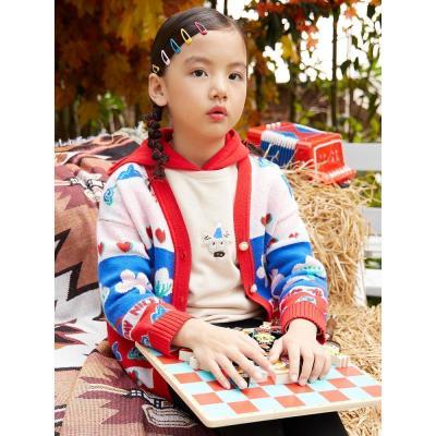 [1件5折价:110]moomoo童装女童毛织开衫春秋新款外套时尚撞色宽松落肩针织衫