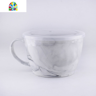 大理石纹早餐超大容量陶瓷泡面碗带盖把烤箱微波炉加热家用汤饭碗 FENGHOU 6寸金星石粉色(配陶瓷盖)