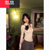 YIBUSHENG法式假两件碎花U领长袖t恤女芭蕾风短款打底衫修身甜辣妹上衣