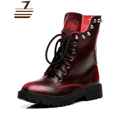 尗卡网红马丁靴女真皮透气机车靴ins鞋英伦风复古红色短靴酷朋克女士靴子