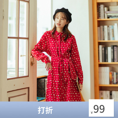 茵曼秋装新款棉花印花可爱长袖连衣裙收腰显白复古减龄舒适棉1803495-