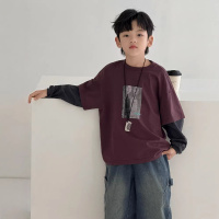 男童假两件T恤长袖春秋季港风中大儿童炸街打底衫潮T男孩帅气上衣