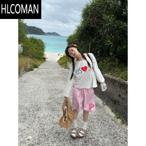 HLCOMANCGGA字母印花阔腿五分裤男女夏季宽松休闲显瘦多巴胺过膝短裤