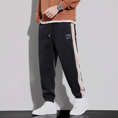 |美式侧边条纹加绒休闲裤男宽松束脚休闲裤潮流男束脚