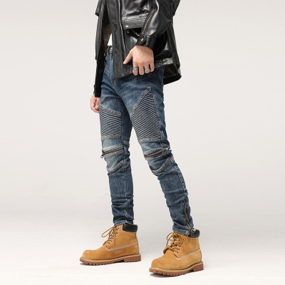 JEEP SPIRIT吉普欧美复古做旧牛仔裤春季潮牌拉链拼接款个性修身小脚机车裤潮款