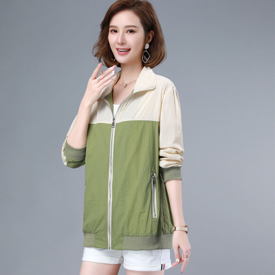 班俏BANQIAO防晒夹克女2021年新款夏季薄款宽松大码双层防晒衫时尚透气拼色外套外衣运动休闲女装816果绿色M