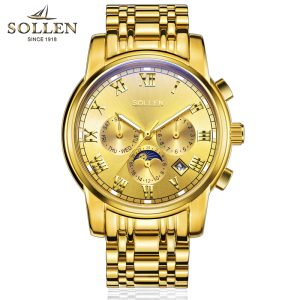 梭伦(SOLLEN)手表男自动机械表钢带镂空时尚休闲商务复古腕表夜光防水正装男表SL-801