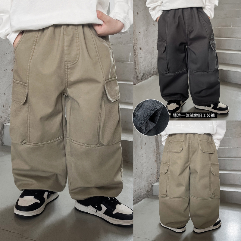 童酷儿童冬款湖州织里童装韩版加厚长裤纯色一体绒男童工装裤