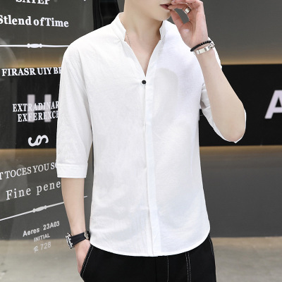 男士中袖衬衫春夏天七分袖夏装韩版休闲长袖衬衣男装衣服