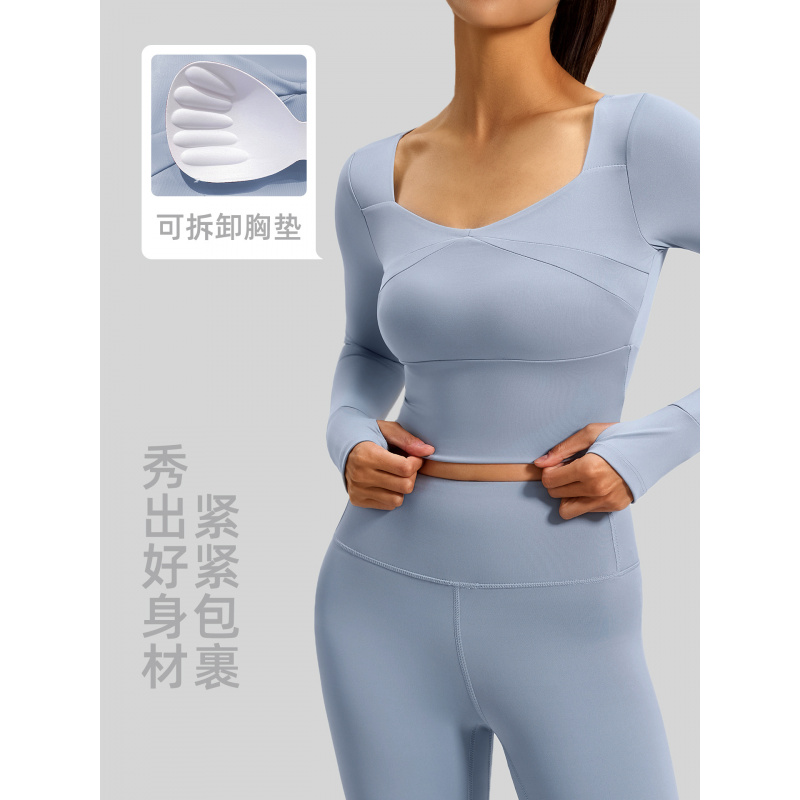 拼接女带胸垫瑜伽服运动上衣健身服透气显瘦跑步健身长袖