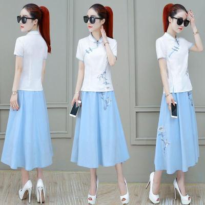 情娇婷(QINGJIAOTING)旗袍连衣裙女夏2021新款汉服改良版复古短袖T恤裙子两套装
